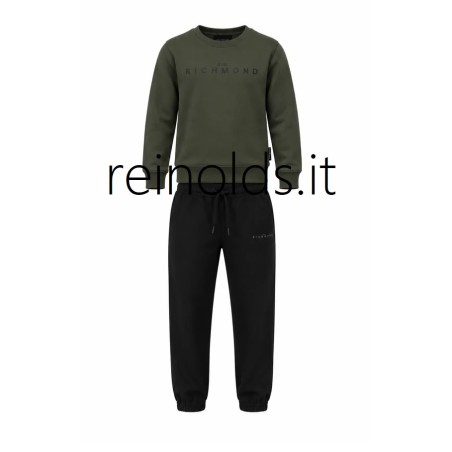 John Richmond SET FELPA GIROCOLLO VERDE CON LOGO LITTERING DAVANTI + PANTALACCIO NERO ERIK Ragazzo. RBA26006CF g OLIVE