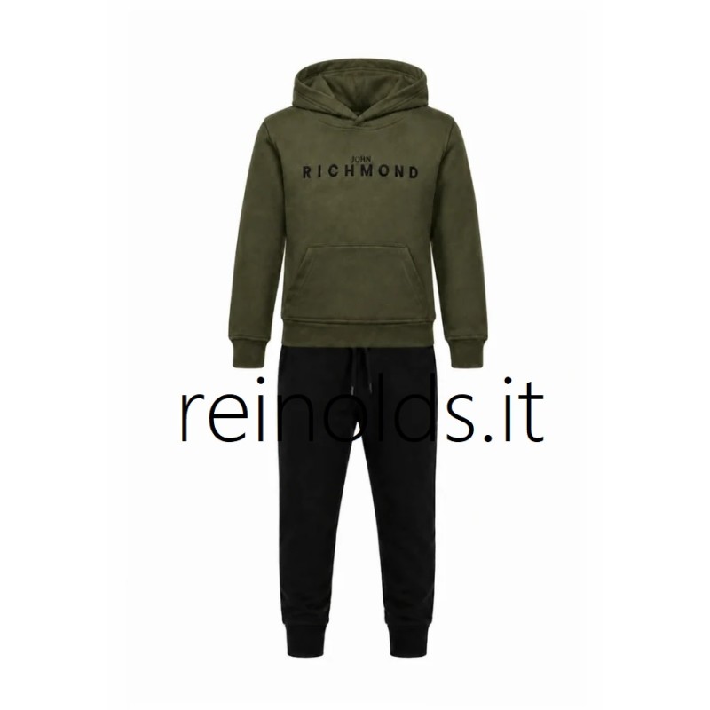 John Richmond SET FELPA VERDE CON CAPPUCCIO E LOGO LITTERING DAVANTI + PANTALONI CON LACCI ETAH Ragazzo. RBA26007CF g OLIVE